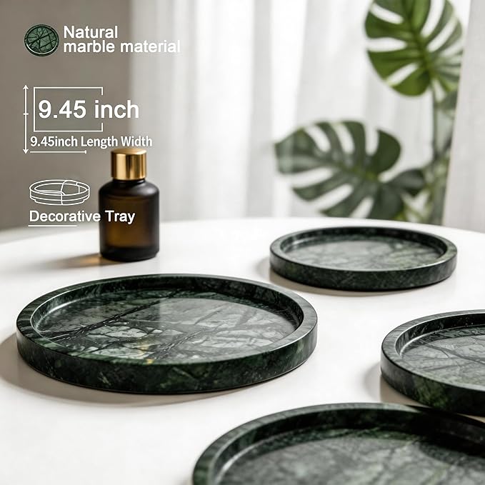 Natural Marble Tray, 9.45" x 0.99" Round Marble Vanity Tray, Marble Ring Dish for Bathroom, Jewelry Tray, Coffee Table,Sink Storage Holder Organizer, Bedside Table,Home Decor,Green (NS055)