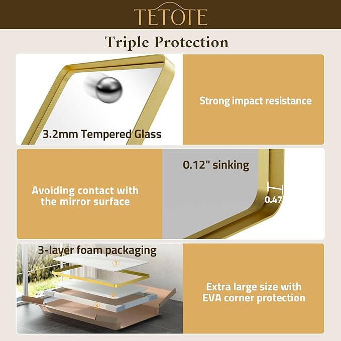 TETOTE 24 x 30 Gold Bathroom Mirror Brushed Gold Metal Framed Vanity Mirror, Tempered Glass, Wall Mounted for Bathroom, Entryway, Bedroom, Living Room(Horizontal/Vertical)
