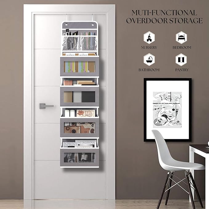 Giraffe Creation Gray Over Door Organizer with 4 Large Clear Pockets, Neutral Hanging Door Storage for Closet, Bathroom, Bedroom, Dorm, Nursery, Toys, Toiletries