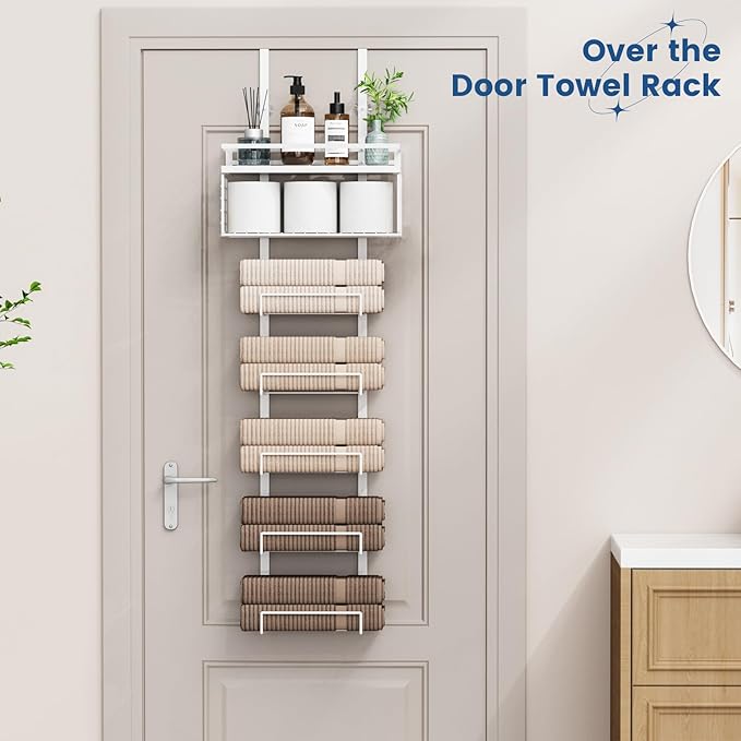 Aetyord Towel Racks for Bathroom Over The Door Towel Racks Towel Storage Organizer with Metal Shelf Basket for Bathroom Rv Camper (7-Tier White)