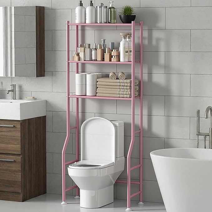 Livilord 3-Tier Over The Toilet Storage Rack, Space Saver Metal Bathroom Shelves, Freestanding Over Toilet Bathroom Organizer for Bathroom/Living Room (Pink)