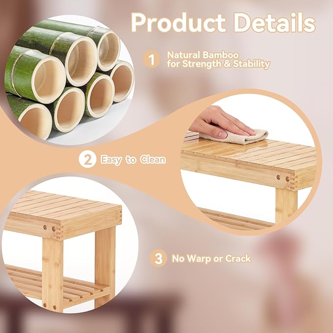 NEWBULIG Shoe Rack Bench, 3-Tier Bamboo Shoe Organizer, Wooden Entryway Storage Bench, 286 lb Load Capacity, 11.2x35.5x17.9 Inches, for Entryway Bathroom Bedroom Balcony, Wood