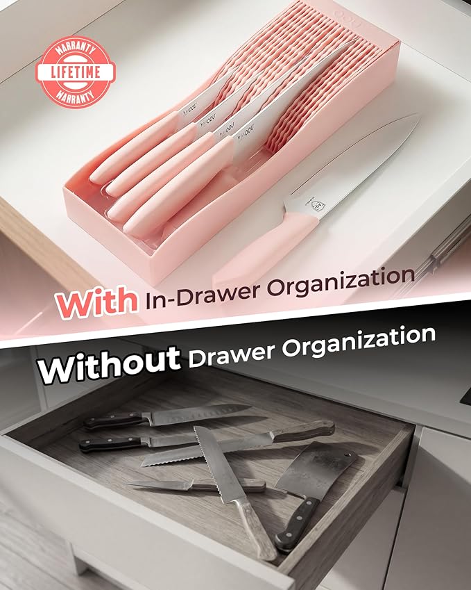 OOU In-Drawer Kitchen Knife Set, Space-Saving Cutlery and Kitchen Organizer, Includes Chef, Bread, Santoku, Utility and Paring Knives, 6-Piece, Pink