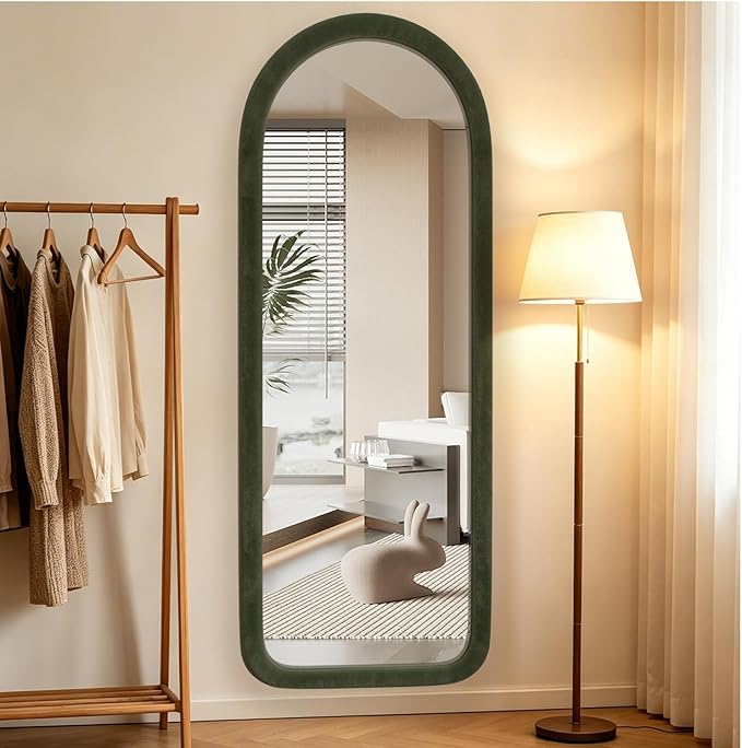Full Length Mirror 56"x20" Arch Floor Mirror with Stand Arched Full Body Mirror Standing Hanging or Leaning Against Wall for Bedroom Flannel Wrapped Wooden Frame, Green