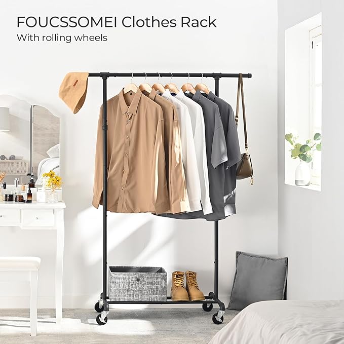 FOUCSSOMEI Clothing Rack with Wheels, Heavy Duty Clothes Rack, Rolling Garment Rack, Metal Clothing Hanger Rack, Closet Organizer, for Bedroom Living Room, Yard Sales, Commercial Grade, Black