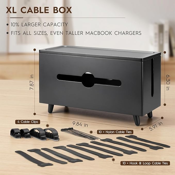 Extra Large Cable Management Box，Wood Cable Organizer Box,Power Strip Box & Organizer for Power Strip, TV Wires & Desk Cable Storage,Hide Desk Cord and Floor Cables (Black) (Black)