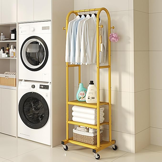 Dttwacoyh Hall Tree with Hanging Hooks,Gold Metal Decorative Freestanding Garment Rack on Wheels,3-in-1 Narrow Entryway Storage for Small Space,Suitable for Hallway,Bedroom and Bathroom,Gold