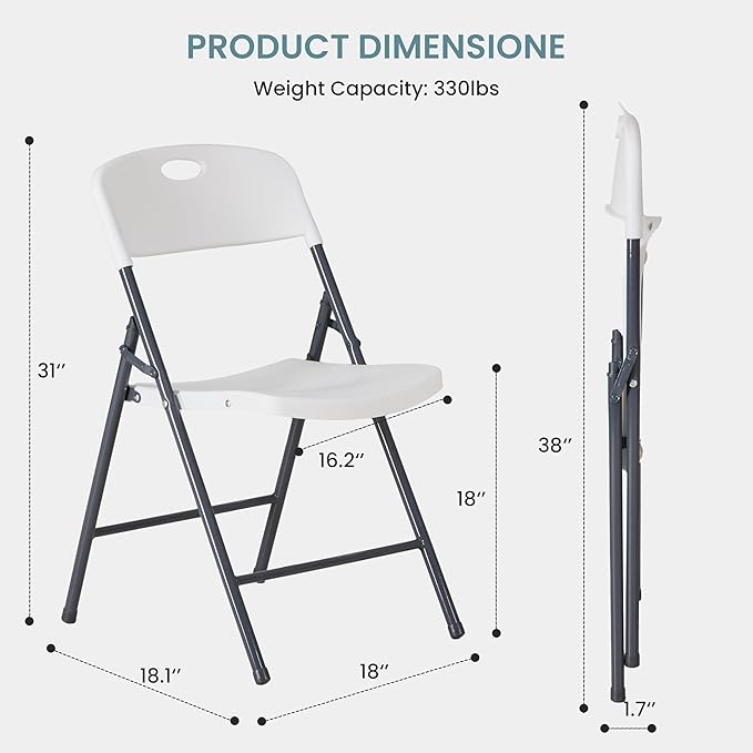 Simple Deluxe 2 Pack Folding Chairs Heavy Duty with Ergonomic Back - Plastic Stackable Portable Dining Chairs Set, for Home and Office, Conference, Wedding, Patio, Garden, for Indoor Outdoor, White