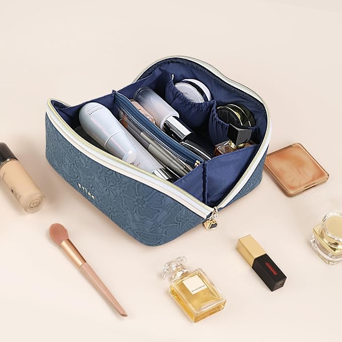 Prite Makeup Bag for Women Travel Waterproof Vegan Leather Cosmetic Bag Open Flat Toiletry Bag With Clear Divider and Handle (Blue Flower, Medium)
