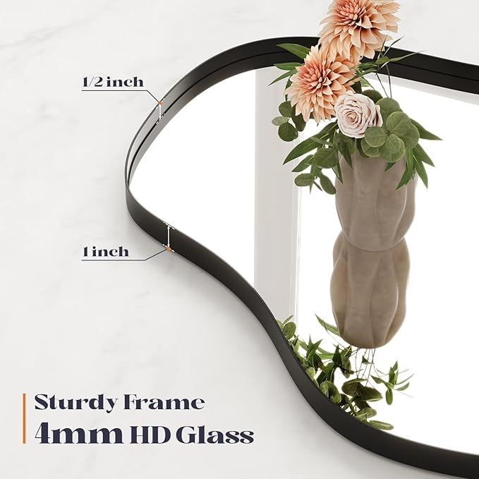 Black Irregular Wall Mirror, 24” x 40” Asymmetrical Wall Mirror with Metal Frame, Black Large Wavy Decorative Mirrors for Bathroom, Entryways, Living Room, Vanity