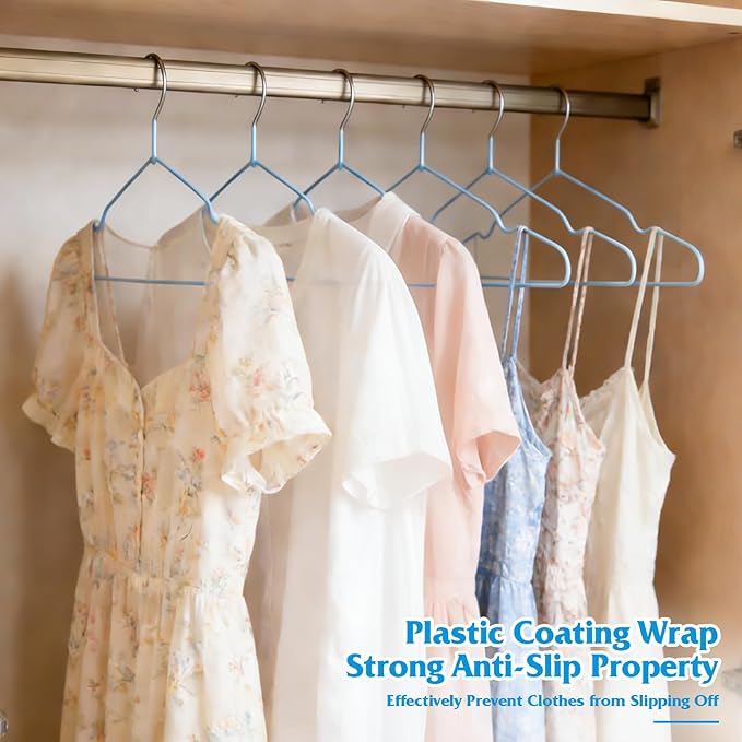 Clothes Hangers 50 Pack,Sturdy Thin Space Saving Blue Hangers,Non Slip Metal Wire Plastic Coat Hanger for Clothes Storage Home Improvement