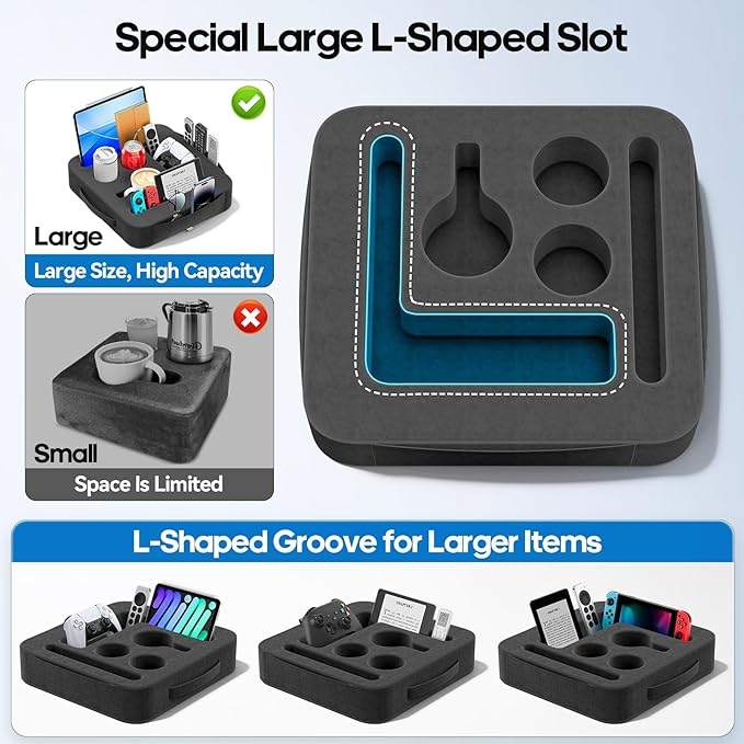 Couch Cup Holder Tray, Couch Caddy for Drink, Snack, Phone, Remote, Ipad, Game Controller, Large-Size Sofa Cup Holder for Bed, Sofa, Car, Desk, Black