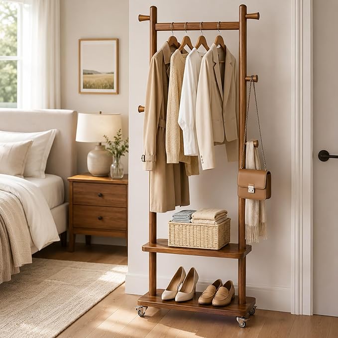 Taitiy Coat Rack Freestanding Clothing Rack with Wheels & 2 Shelves Storage & 5 Hooks Heavy Duty Clothes Rack Wood Coat Tree Stand Hat Hanger Rack for Corner Bedroom Entryway Living Room Hotel Size L
