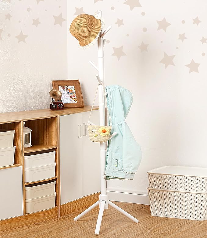 Beech Wood Kids Coat Rack - Adjustable Height Stand with 9 Hooks, Freestanding Children's Clothing Organizer for Hallway, Bedroom, Easy Assembly, White