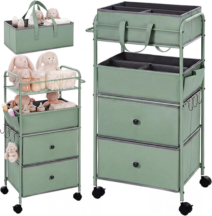 FoldTier 3In1 Baby Diaper Caddy Organizer Cart 4 Tier Large Capacity Metal Utility Bedside Rolling Cart with Divider Newborn Registry Nursery Essential Must Have Bedroom Gift Baby Shower (Green)