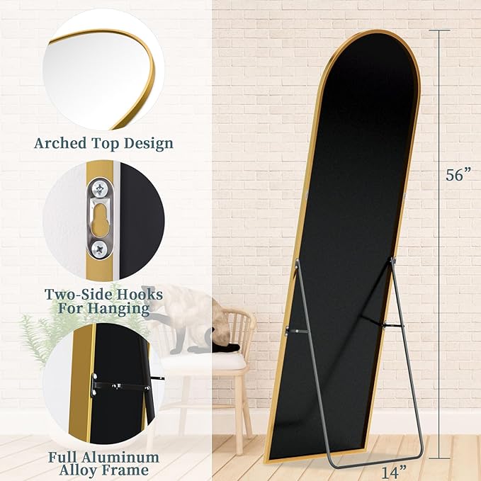 Full Length Mirror with Stand, 56"x14" Arched Full Body Mirror, Large Stand Up Aluminum Frame Floor Freestanding Hanging Leaning Mounted for Bedroom Living Room Entryway Gold