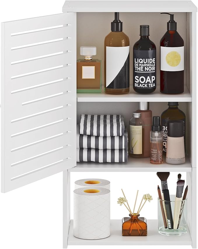 4-Tier Wall Bathroom Storage, White Cabinet with Door & Open Shelf, Space-Saving Organizer for Bathroom, Kitchen, Entryway (7.9" D x 11.8" W x 22.4" H)