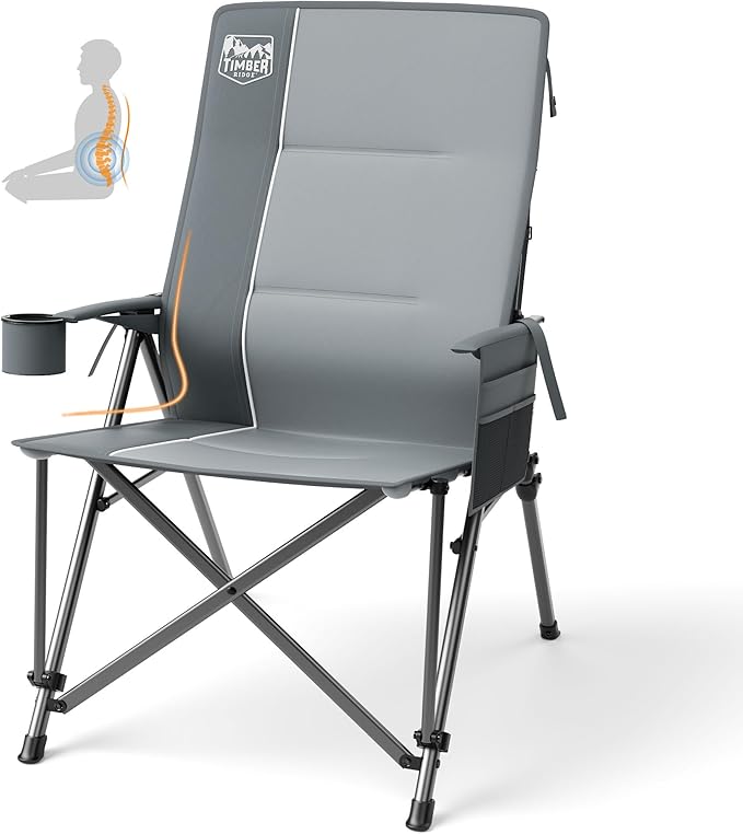 Timber Ridge Oversized Camping Chair with Lumbar Support, Portable Folding Chair Heavy Duty for Adults Supports 450 LBS for Outdoor Camping Lawn, with High Back, Cup Holder, Side Pocket, Grey