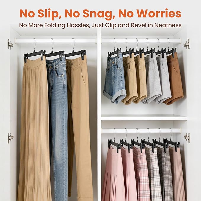 HOUSE DAY Pants & Skirt Hangers - 10 Pack Pants Hangers with Non-Slip Big Clips - Closet Hanger for Shorts, Shirts, Jeans, Slacks, Clothes, Clothing - Durable, Slim & Space Saving, Black - 12 Inch