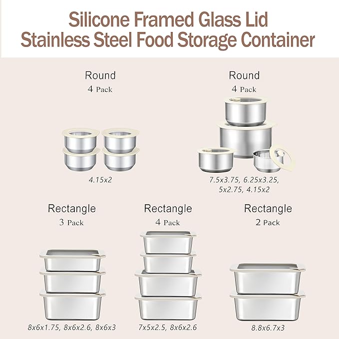 Stainless Steel Food Containers with Glass Lid, Airtight Leakproof Stainless Steel Storage Containers in set of 4, Rectangle Shape, Microwave Safe Food Container Set, 100% Plastic Free, BPA Free