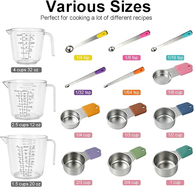 Stainless Steel Measuring Cups and Spoons Set, 7 Magnetic Measuring Cups, 5 Metal Measuring Spoons, 3 Plastic Measuring Cups for Kitchen Cooking & Baking, Dry & Liquid Ingredients