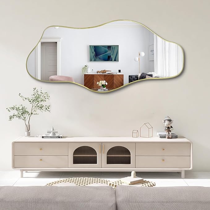 Irregular Full Length Mirror, 67"x31" Large Asymmetrical Tempered Glass Mirror, Gold Organic Frameless Wall Mirrors for Living Room Bedroom Hallway Entryway, Horizontal or Vertical Hanging