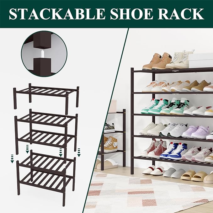 Smiry Long Bamboo Shoe Rack, 6 Tier Free Standing Wooden Shoe Organizer, Stackable Wood Shoe Storage Shelf for Closet, Entryway, 12 Vertical Slats, 2+2+2 Stack Standard Legs, 33.7"x11"x39", Brown