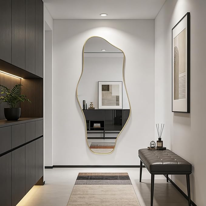 Irregular Full Length Mirror, 67"x31" Large Asymmetrical Tempered Glass Mirror, Gold Organic Frameless Wall Mirrors for Living Room Bedroom Hallway Entryway, Horizontal or Vertical Hanging