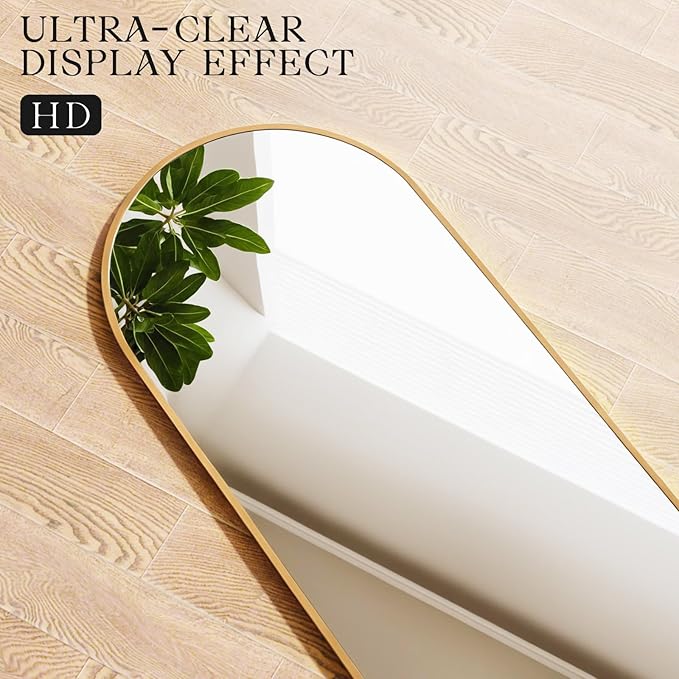 MISSDAY Arched Full Length Mirror, 64"x21" Full Body Mirror with Stand, Floor Mirror Long Free Standing, Leaning or Hanging, Aluminum Thin Frame Wall-Mounted Mirrors Wall Mirrors for Bedroom, Gold