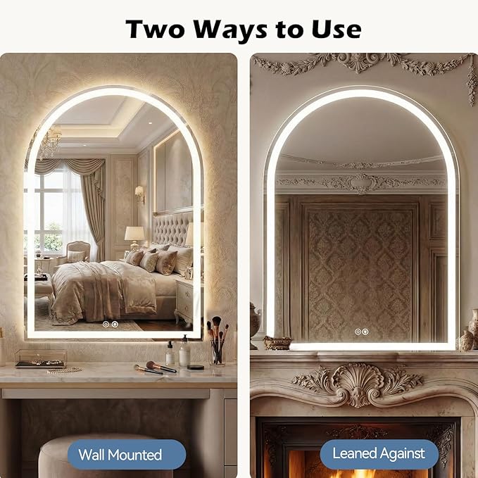 Sweetcrispy 24"×36" LED Arched Bathroom Mirror with Lights, Arched Lighted Bathroom Vanity Mirror with Anti-Fog, Dimmable, 3-Color Light, Memory Function, Tempered Glass