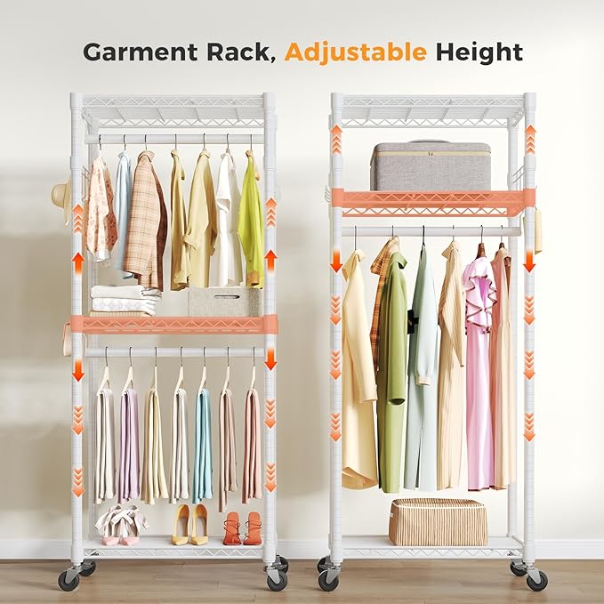 NEWBULIG Heavy Duty Adjustable Clothes Rack with Wheels, Adjustable Rolling Metal Freestanding Garment Closet Organizer with Double Rods & 2 Side Hooks for Hanging Clothes, 29" x 15" x 75", White