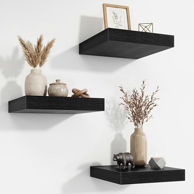Acovy Floating Shelves for Wall 9 Inch,9.3" Deep Square Floating Shelf Set of 3,Wall Shelves Hanging Shelf with Invisible Brackets,Wall Mounted Shelf for Kitchen Living Room Bedroom Bathroom,Black