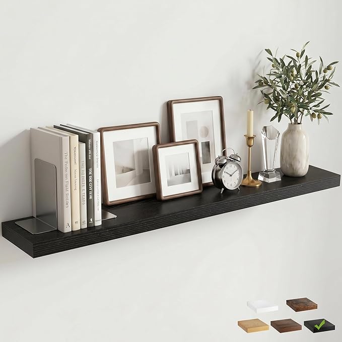 Venusmiles Floating Shelves for Wall, 48 Inch Floating Shelves Set of 1, 6.5" D Wooden Wall Mounted Display Shelves with Invisible Brackets for Living Room, Bedroom, Bathroom, Kitchen Decor, Black