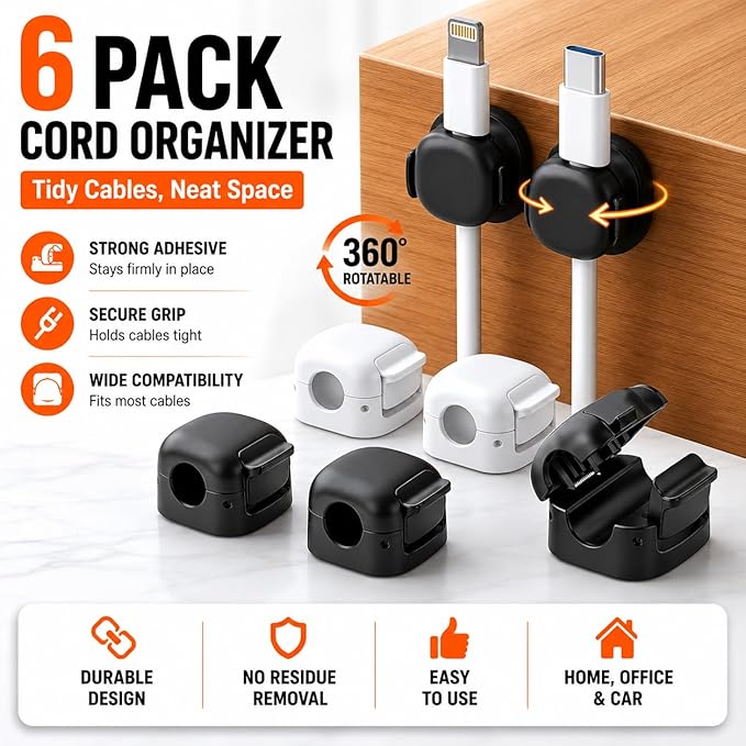 6Pack Cord Organizer - [Dual Spring & Clasp Lock] Cable Management Clips, Adhesive Phone Charger Keeper, Compact Wire Holder for Nightstand/Car, Home Office Desk Accessories Decor Essentials