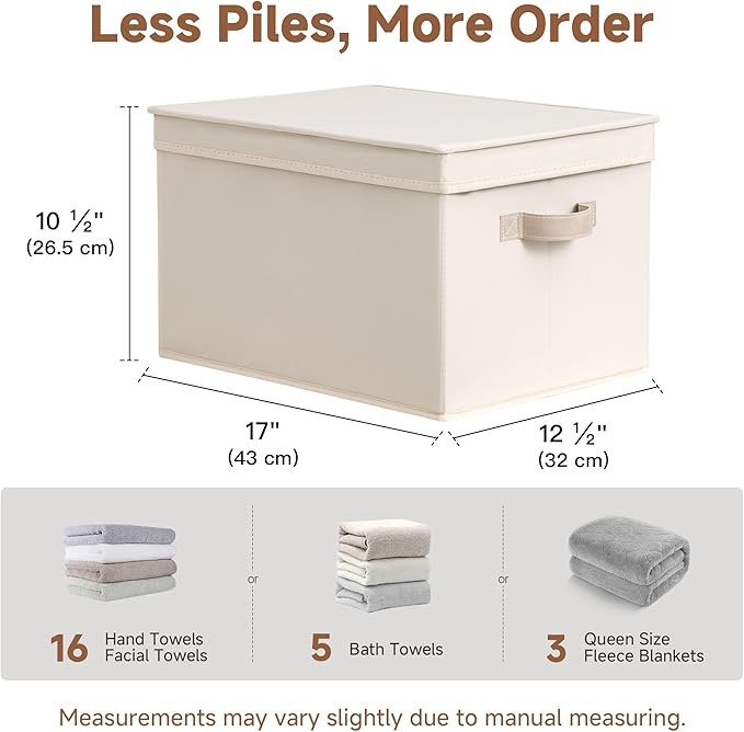 StorageWorks Fabric Storage Bins with Lids, Decorative Storage Bins with PU Handles, Foldable Storage Baskets for Closet, Shelves, Stackable and Sturdy Organization, Beige(Cotton Linen), Jumbo, 3-Pack