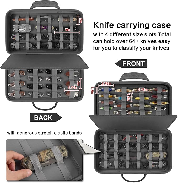 Knife Display Case for 64+ Pocket Knives, Butterfly Knife Storage Box, Folding Knives Organizer Holder, Knives Collection Organized Carrier for Survival, Tactical, Outdoor, EDC Mini Knife - Grey