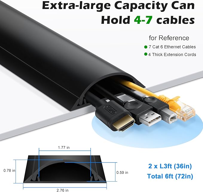 ZhiYo Cord Cover Floor, Large Capacity Floor Cable Cover, Hard PVC Cord Hider, Wire Cable Management Raceway, Black, Cord Cavity - 1.8"(W) x 0.6"(H)
