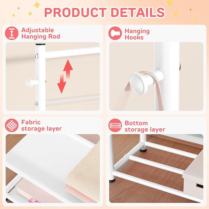Kids Clothing Rack with 2-Layer Storage Shelf and 2 Adjustable Hanging Rods, Dress Up Rack for Hanging Clothes,Dress up Storage for Baby Toddle Kids(Classic, White)