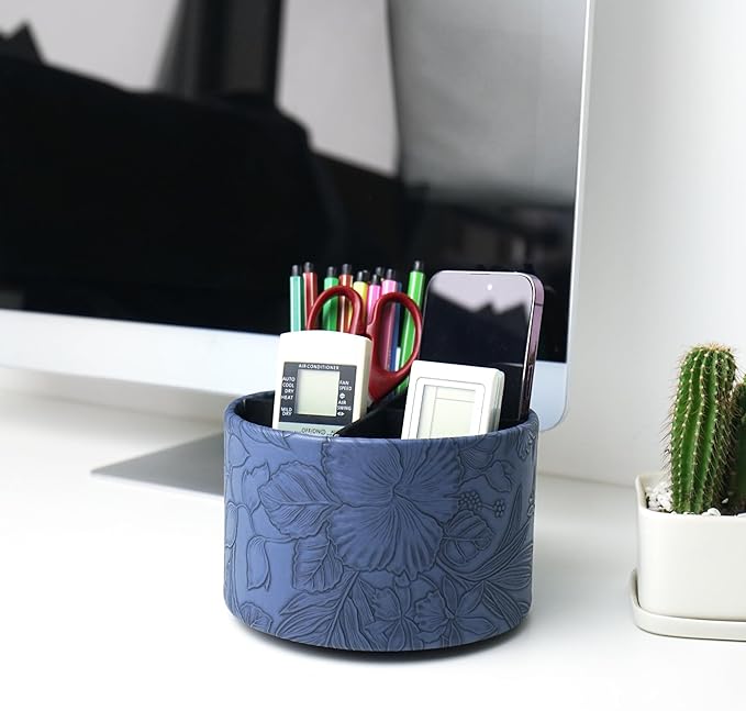Round Leather Art Supply Organizer,Remote Control Holder,360 Degree Spinning,Multi-Functional Pencil Holder,4 Compartments Desktop Stationary Organizer(1-Carved Blue)