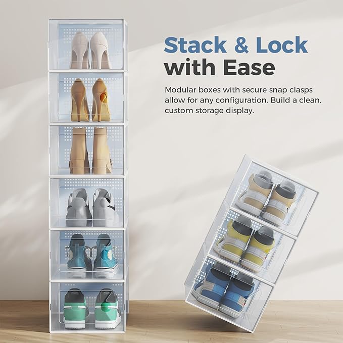 OLIXIS X-Large Shoe Storage Boxes, 12-Pack Clear Stackable Shoe Organizers with Lids, Sneaker Display and Storage Containers for Closet, Under Bed, Entryway, White