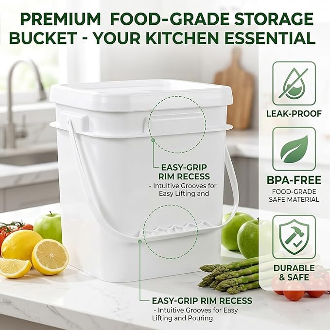 DEMORA 1.3Gallon Food Grade Square Plastic Bucket with Lid, Airtight Storage Container, Reusable Pail for Kitchen Food Water Ice Cream Household Use (White, 4Pcs)