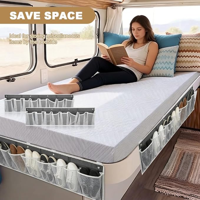 2 PCS RV Shoe Storage Organizer with 16 Pockets, Wall Hanging Pocket Organizer for Camper Bedside Closet Entryway, Space Saving Wall Hanging Includes 8 Hooks & 8 Adhesive Pads