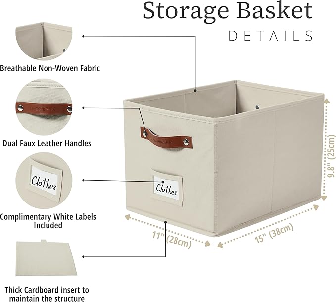 DECOMOMO Fabric Storage Bins 4 Pack, Storage Baskets for Shelves, 15 x 11 x 9.9 inches Foldable Baskets for Organizing with Labels, Kallax Insert (Beige)