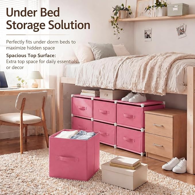 Geetery Under Dorm Bed Cube Organizer Shelf with 6 Cube Fabric Storage Organizer Bins with Handle Dorm Under Bed Closet Drawer for College Essentials Nursery Bedroom Living Room(Pink)