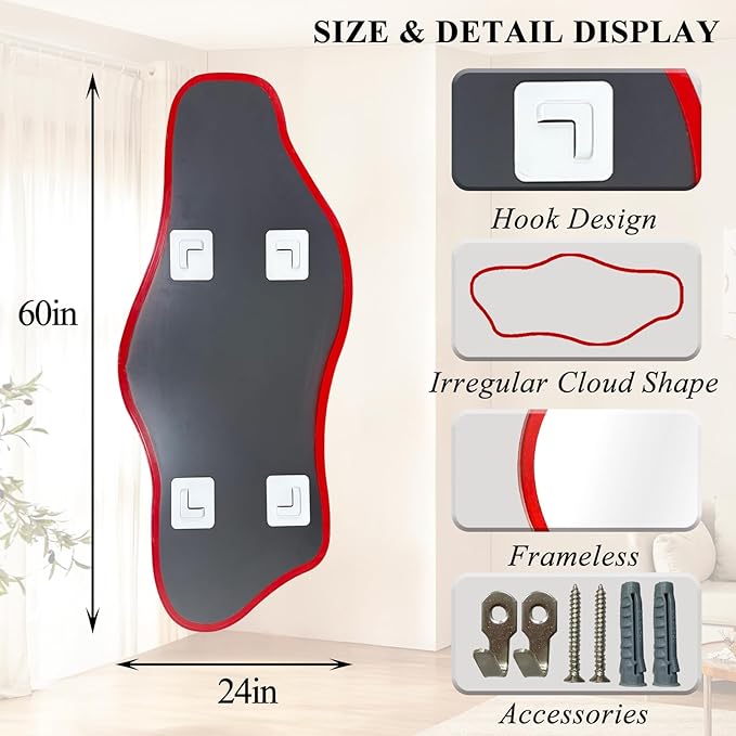 Irregular Wall Mirror, 60"x24" Red Asymmetrical Tempered Glass Mirror, Large Modern Organic Frameless Mirrors for Living Room Bedroom Hallway Entryway, Horizontal or Vertical Hanging