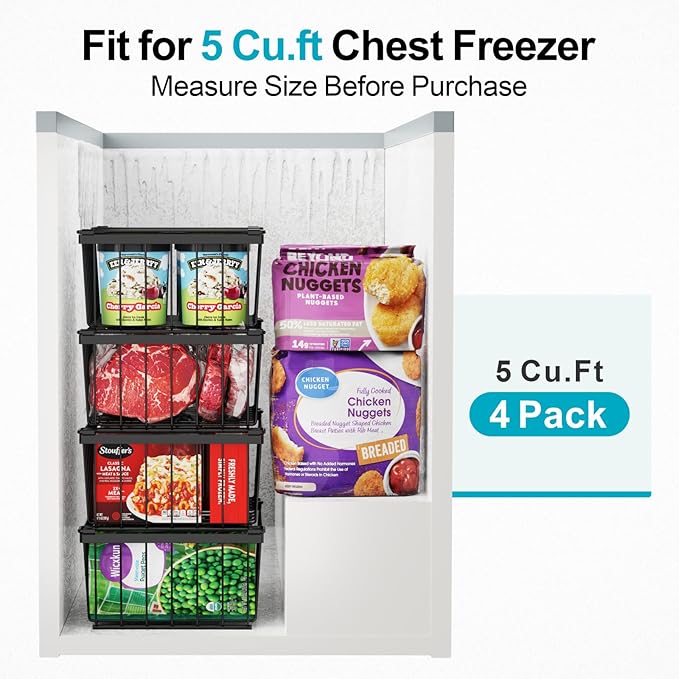 iSPECLE Freezer Organizer Bins - 4 Pack Stackable Deep Freezer Organizer Bins for 5 Cu.Ft Chest Freezer Sort Frozen Food, Heavy Duty Metal Storage Bins with Handles, Easy Access without Digging