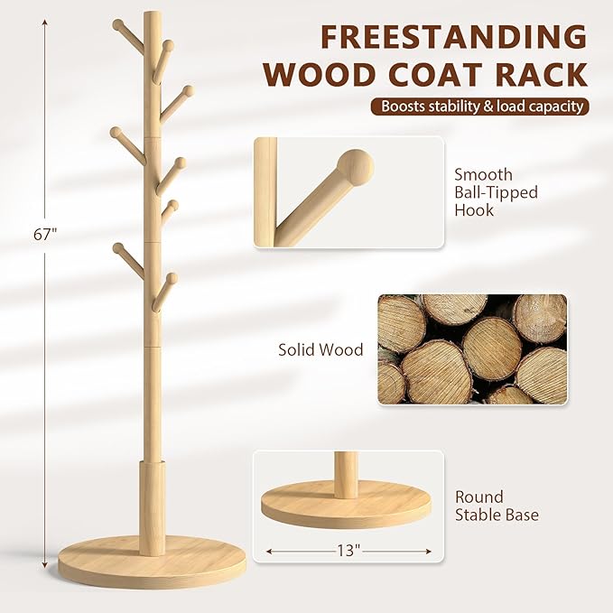 Coat Rack Freestanding Wooden Coat Tree Stand with 8 Round-tip Hooks, 3 Adjustable heights Coat Hat Rack for Entryway,Bedroom,Hallway,Office (Natural)