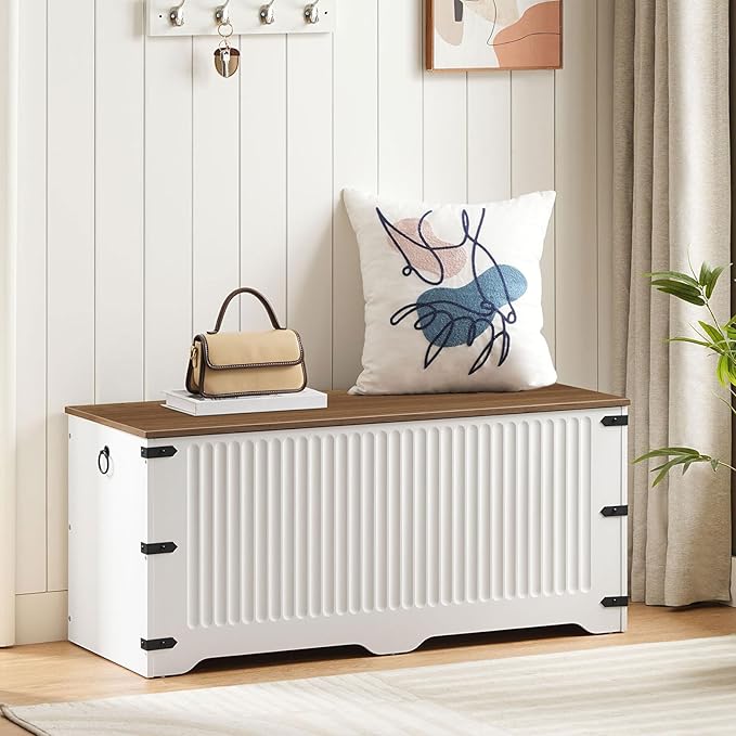 HOOBRO Storage Bench, Toy Box Organizer, Toy Chest with Safety Hinge, Farmhouse Style Storage Chest, 39.3 x 15.7 x 17.7 Inches for Living Room, Bedroom, Entryway, White and Walnut WH26CW01