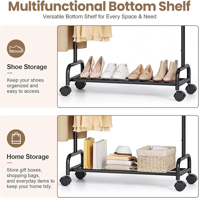APEXCHASER Clothes Rack-Large-Capacity Rolling Clothing Racks with Shelves, Hanging Clothes-Portable Wardrobe Rack, Metal Garment Rack with Wheels for the Bedroom Laundry Room