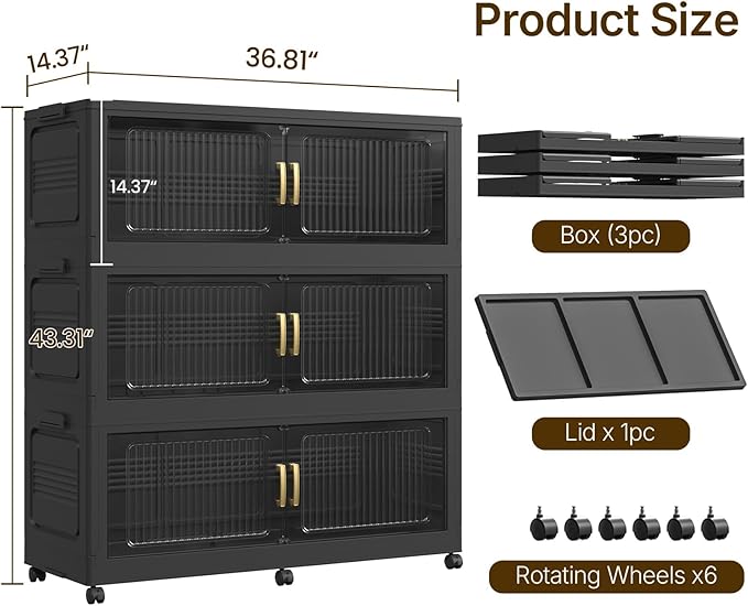 Extra Large Stackable Storage Bins with Lid, 210Gal/840QT Foldable Collapsible Storage Box with Doors, Wheels and Drawers, Plastic Closet Organizer Container for Kitchen, Bedroom, Dorm, 3Pack